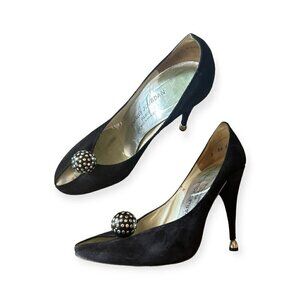 Vintage Charles Jourdan‎ Black Suede Heel with Rhinestone Ball. Size 7 2A